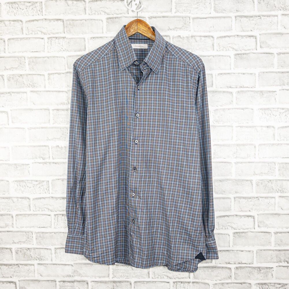 Ermenegildo Zegna Men's Button up Shirt in Blue gray multi check Size Large